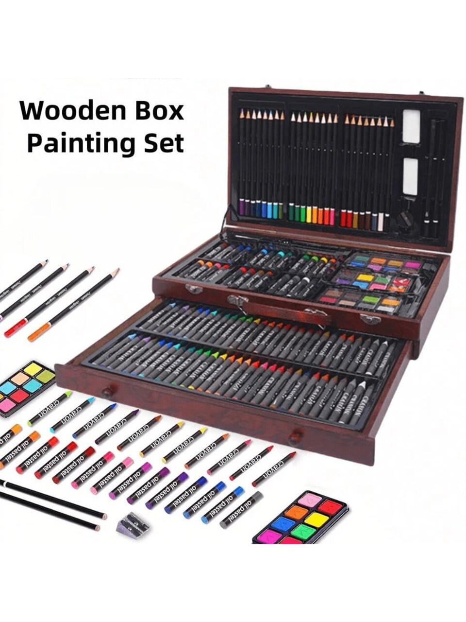 Wooden Box Painting Set 143pcs Deluxe Art Set with Crayons, Acrylic Paints, Colored Pencils